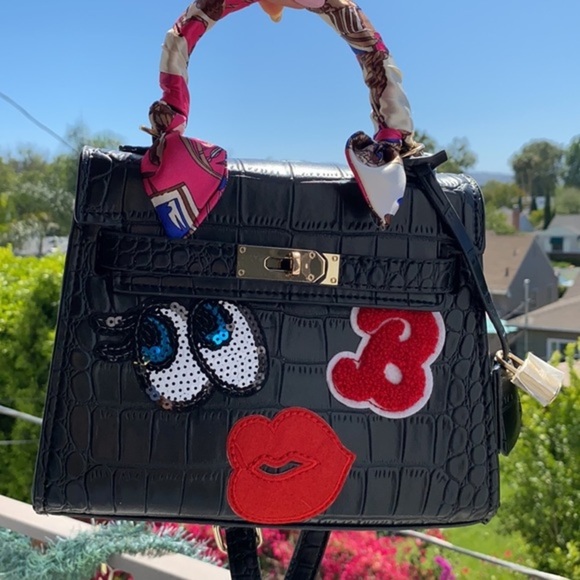 House of Hello HK Black Croc Big Eyes Kelly Style Tote Crossbody Bag Purse - Picture 10 of 16